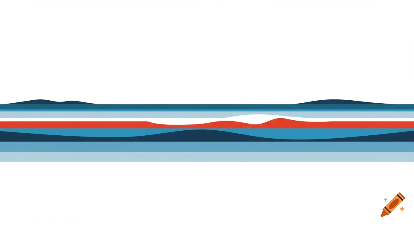 Minimalist poster art showing a sea line panorama with flat vector silhouettes in red, blue, and white on a white background.