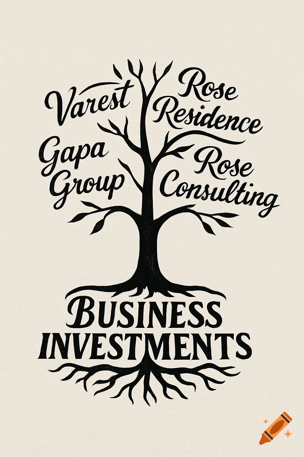 A black company tree logo on a light background. The roots spell "Business Investments", and branches have "Varest", "Gapa Group", "Rose Residence", and "Rose Consulting".