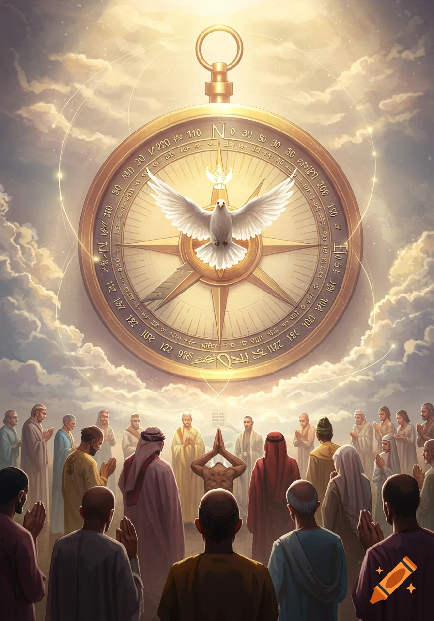 A spiritual image depicting a dove over a golden compass, surrounded by praying people of diverse faiths.