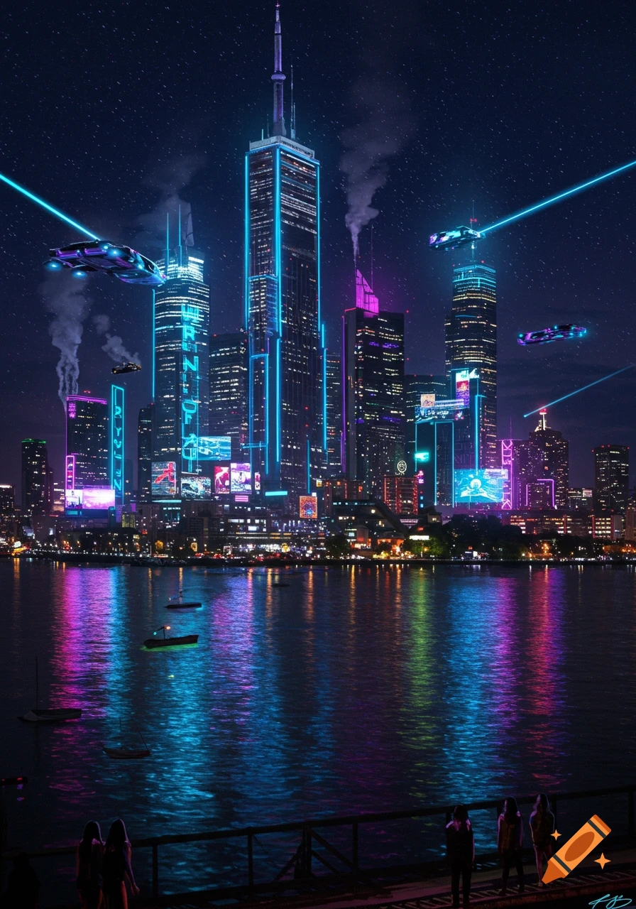 A cyberpunk city at night with neon-lit skyscrapers, flying vehicles, and reflections on a river where figures stand on a dock.