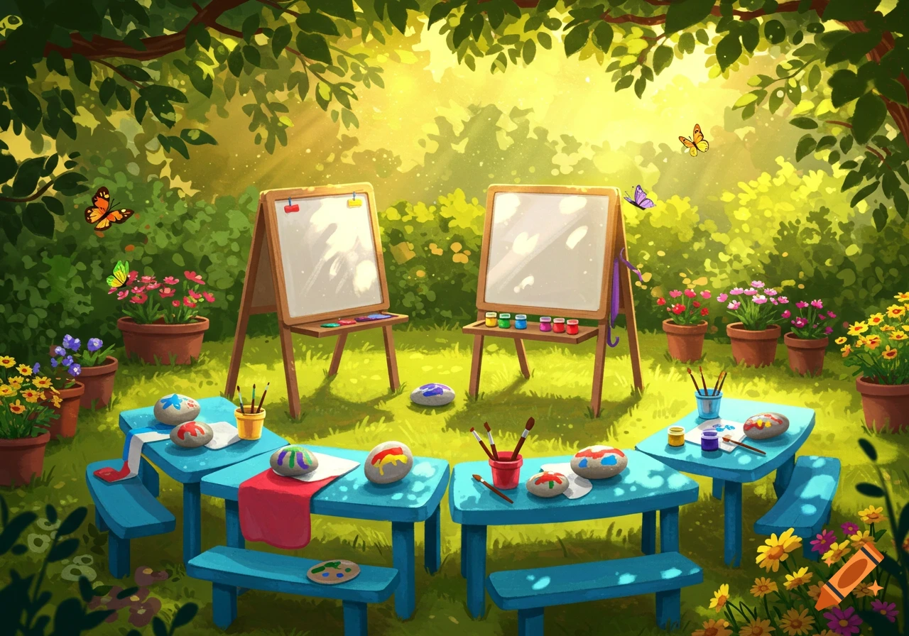 A vibrant cartoon illustration of an outdoor art setup in a lush garden with easels, paints, and painted rocks on blue picnic tables.