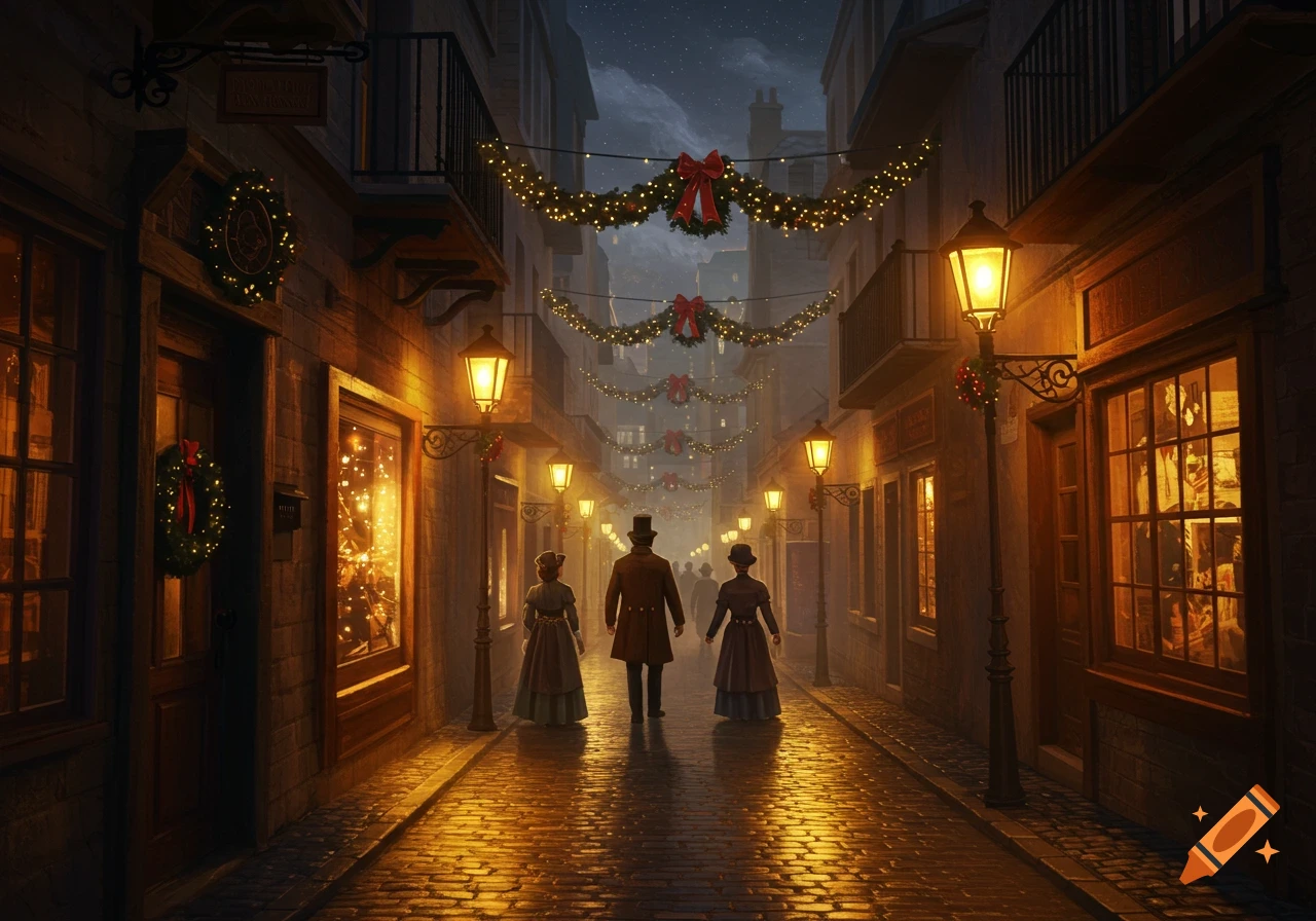 A dimly lit cobblestone street decorated for Christmas, with three people in period attire walking away, illuminated by glowing shop windows and street lamps.