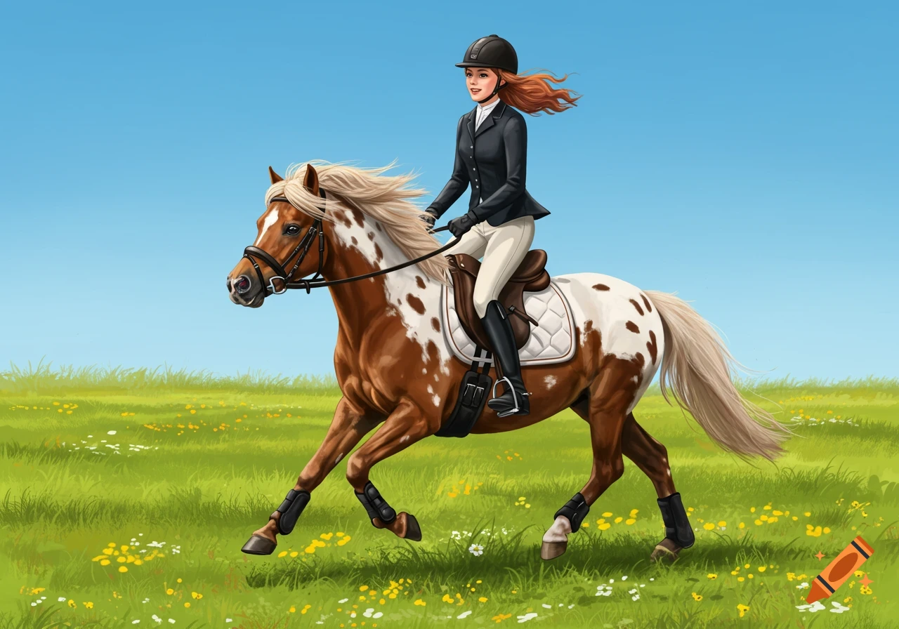 Red-haired rider on a spotted pony galloping through a green field with wildflowers, illustration.