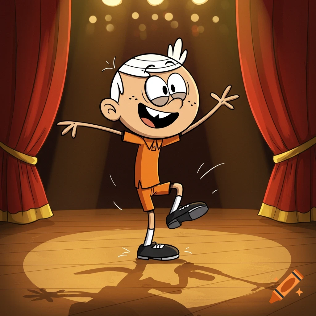 Lincoln Loud cartoon character tap dancing on a spotlighted stage with red curtains.
