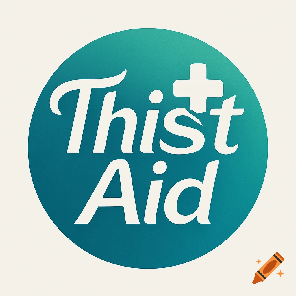 A teal green circular logo with a gradient effect, featuring the white text 'Thist Aid' in a stylized font, with a white medical cross symbol replacing the dot of the 'i' in 'Thist'.