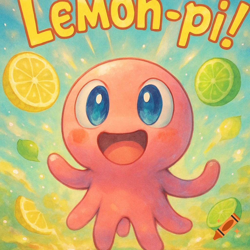 A cute pink octopus character smiles, surrounded by lemons and limes, with "Lemon-pi!" text above.