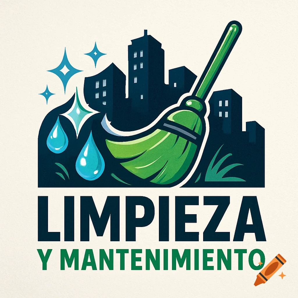 A green broom leaning against dark city buildings with sparkling water droplets, and text 'LIMPIEZA Y MANTENIMIENTO' below, in a clean vector art style.