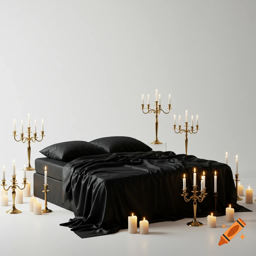 A bed with black sheets and pillows is surrounded by numerous lit candles in brass candelabras and on the floor, against a plain white background.