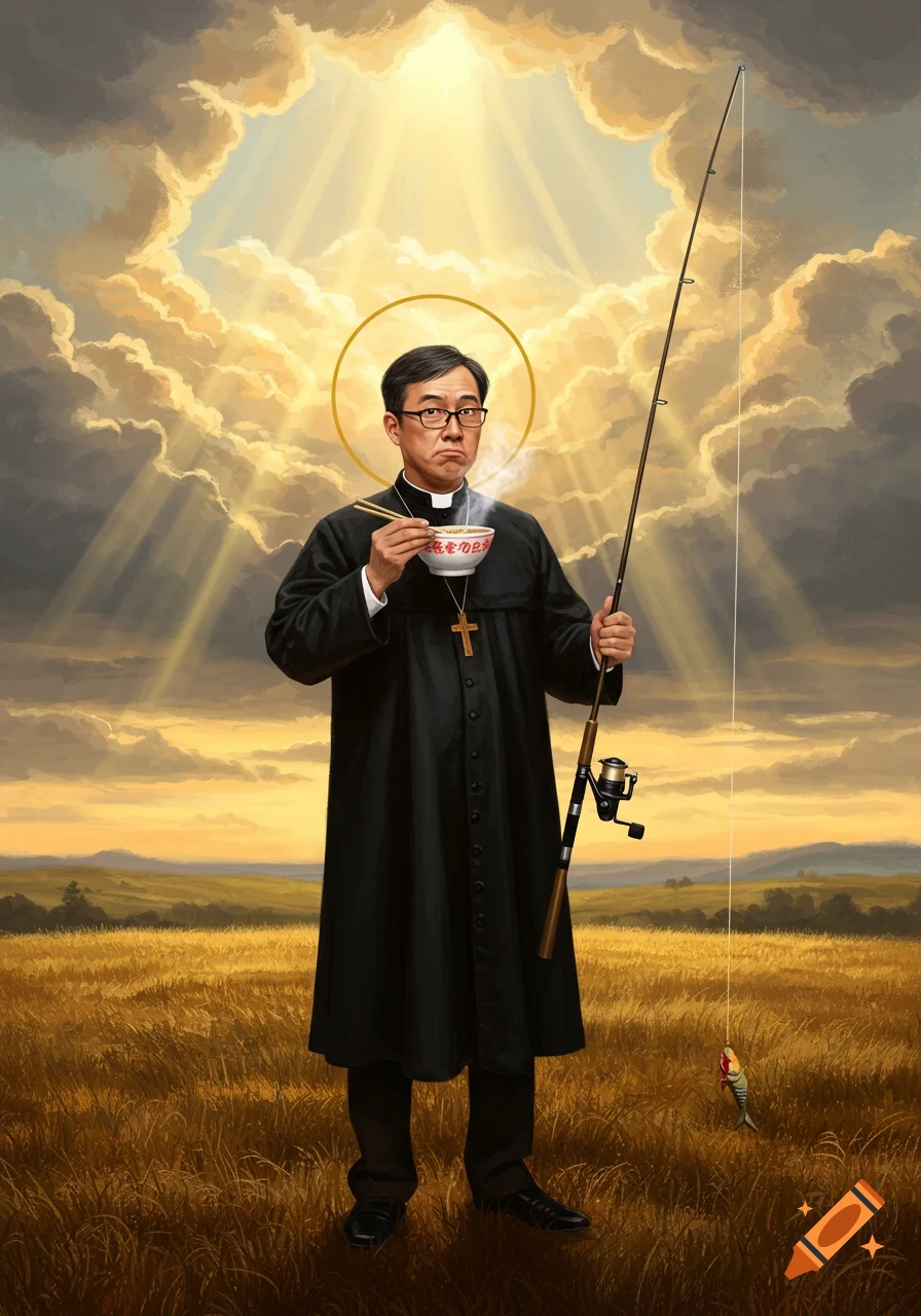 An oil painting of a priest-like man with a halo, eating ramen with chopsticks while holding a fishing rod in a golden field under dramatic clouds.