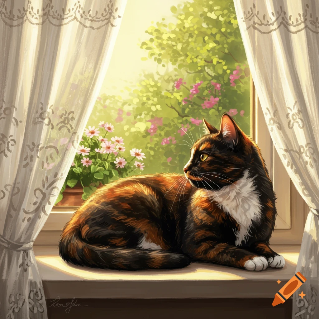 A tortoiseshell cat relaxes on a sunlit windowsill, looking out at a lush garden with flowers, framed by white lace curtains.