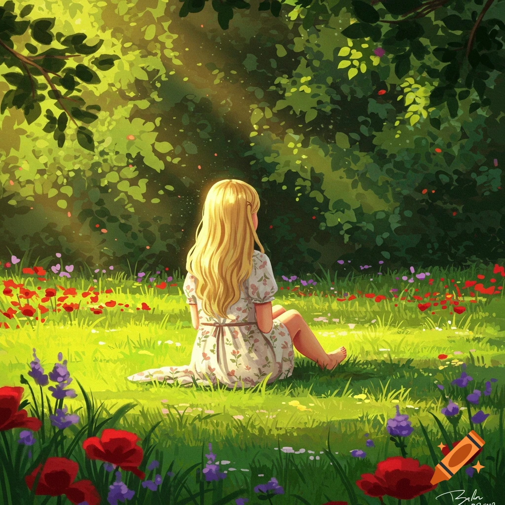 Illustrated image of a blonde girl sitting in a sunlit grassy field with red and purple flowers, facing away from the viewer towards green trees.