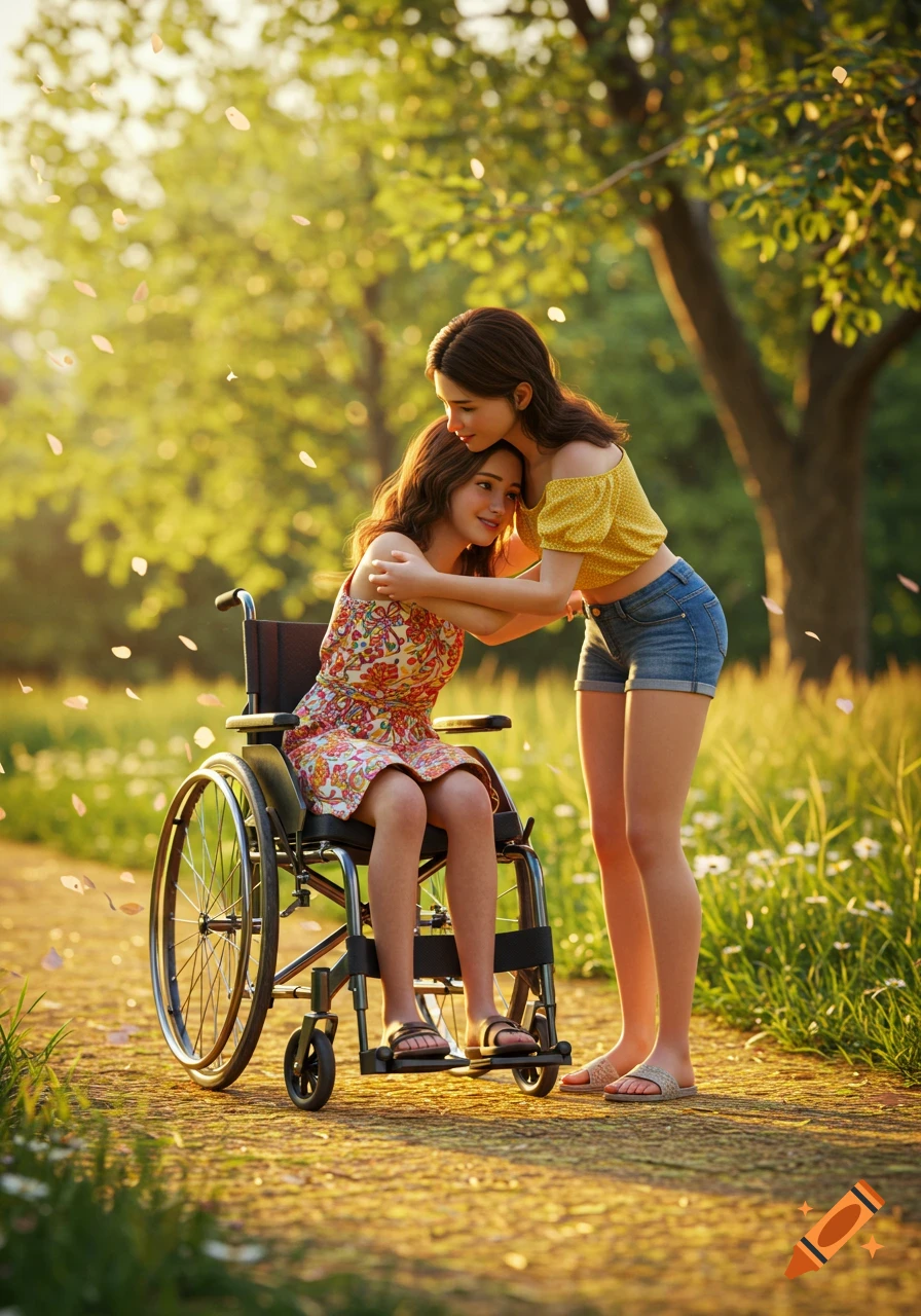 A girl in a wheelchair hugs another girl standing next to her on a sunny park path with falling petals, photorealistic.