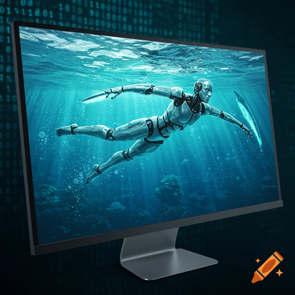 A metallic robot swims underwater on a computer monitor, with a digital binary code background.