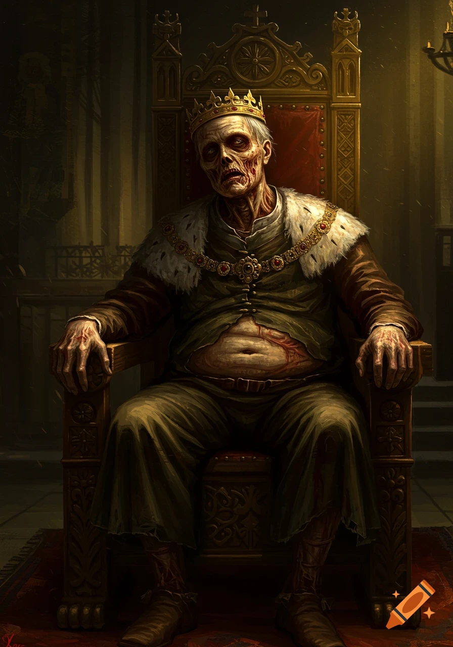 A decayed zombie king with a crown sits on an ornate throne in a dark palace, rendered in a dramatic chiaroscuro oil painting style.