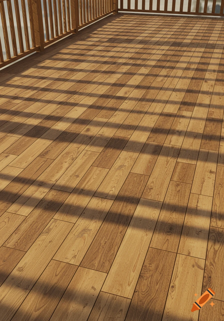 A close-up view of a light brown wooden balcony deck made of planks, with parallel shadows cast by a railing.