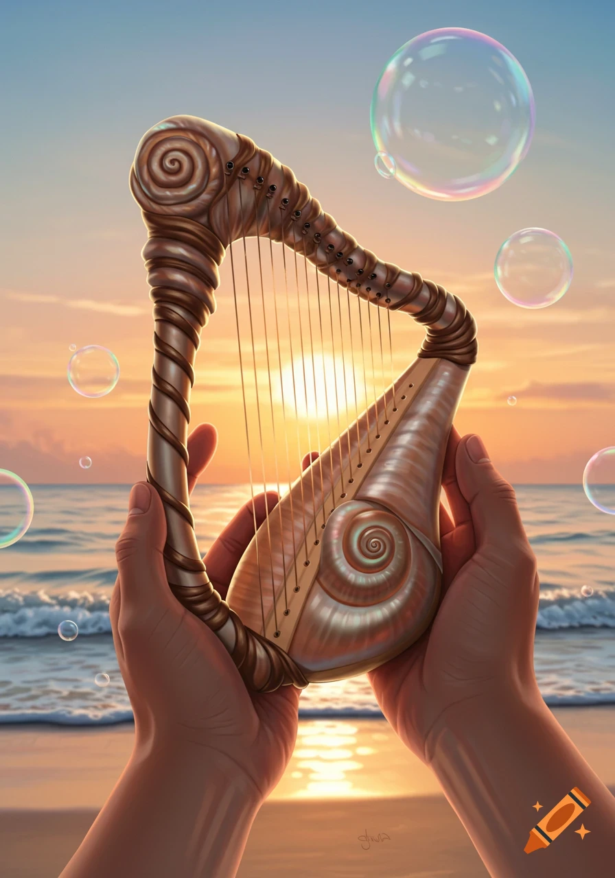 Hands hold a beautiful seashell harp on a beach at sunset with colorful bubbles floating in the air.