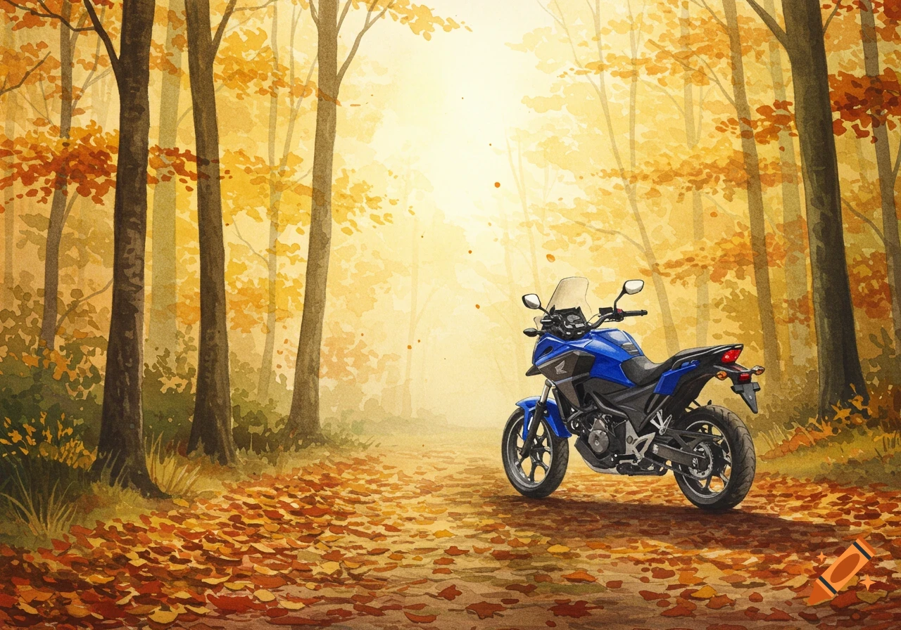 Watercolor painting of a blue motorcycle on a leaf-strewn trail in a misty autumn forest with golden light.