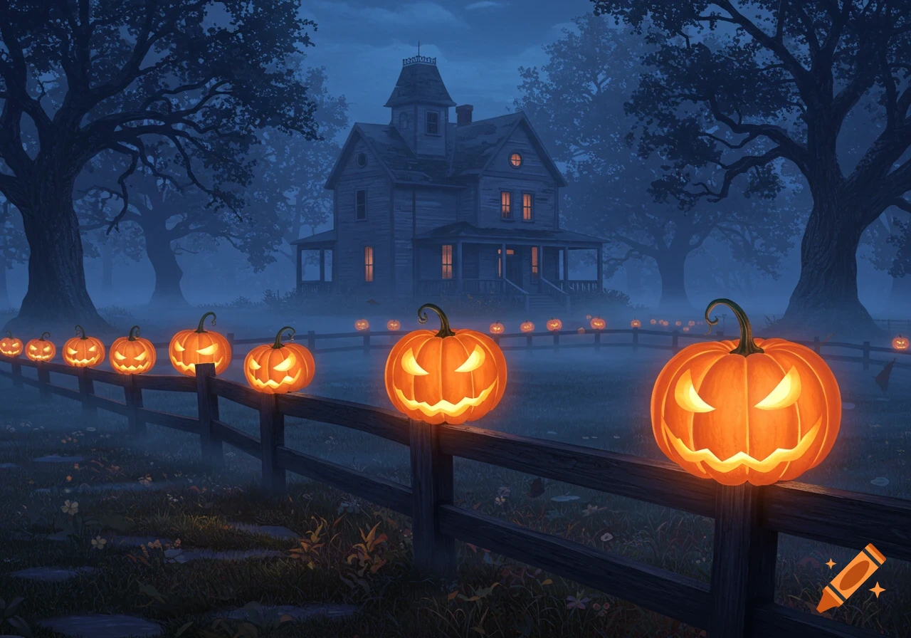 Glowing jack-o'-lanterns on a fence lead to a spooky old house under dark trees in a misty night.