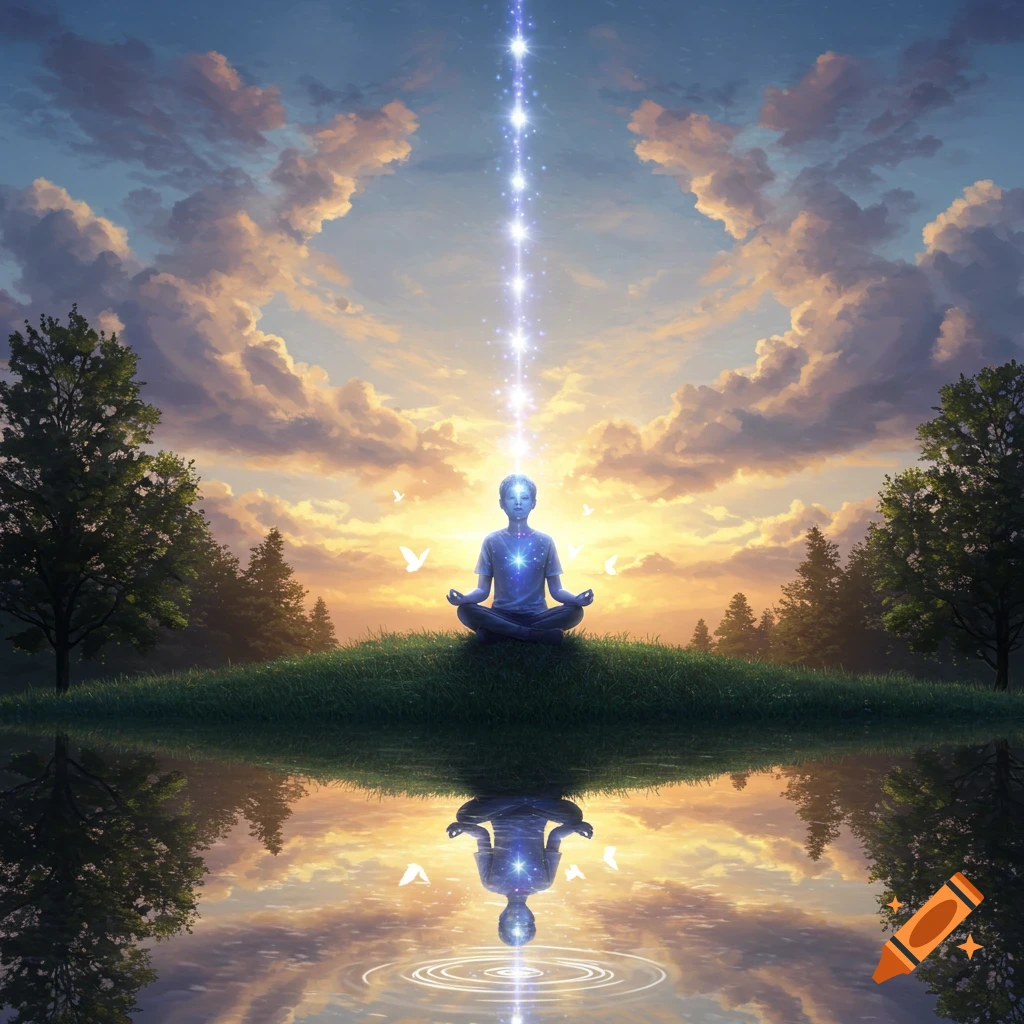 A person meditates cross-legged on a grassy hill with a column of starlight extending from their head into a vibrant sunset sky, reflected in the water below.