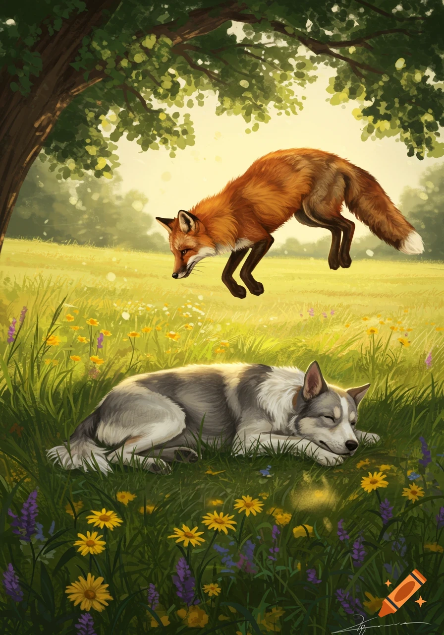 A vibrant illustration of a brown fox jumping over a sleeping grey dog in a sunny, flower-filled grassy field with a tree.