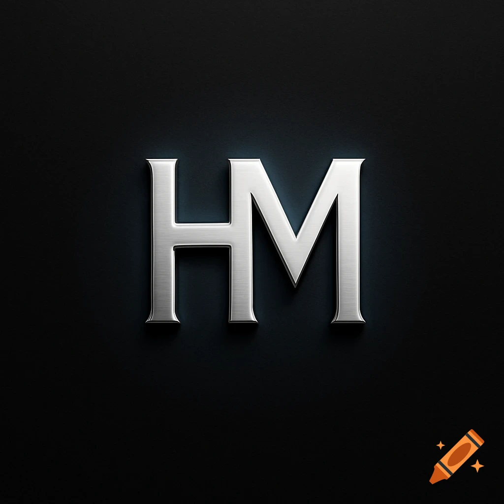 Silver metallic 'HM' letters on a dark background, glowing slightly.