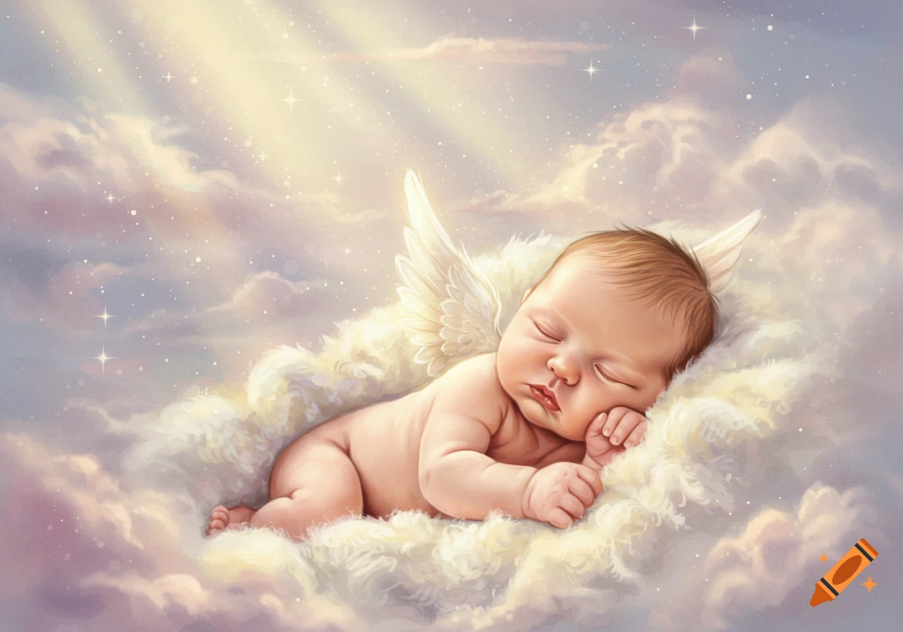 A serene baby with small white wings sleeps peacefully on fluffy white clouds in a soft, dreamy sky.