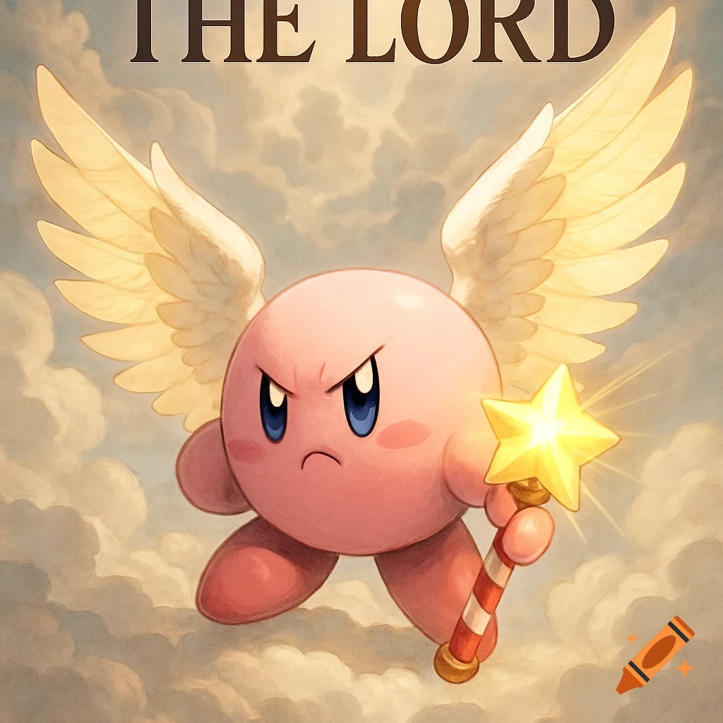 Angry pink Kirby with golden wings and a star rod flies through clouds, with "THE LORD" written above.