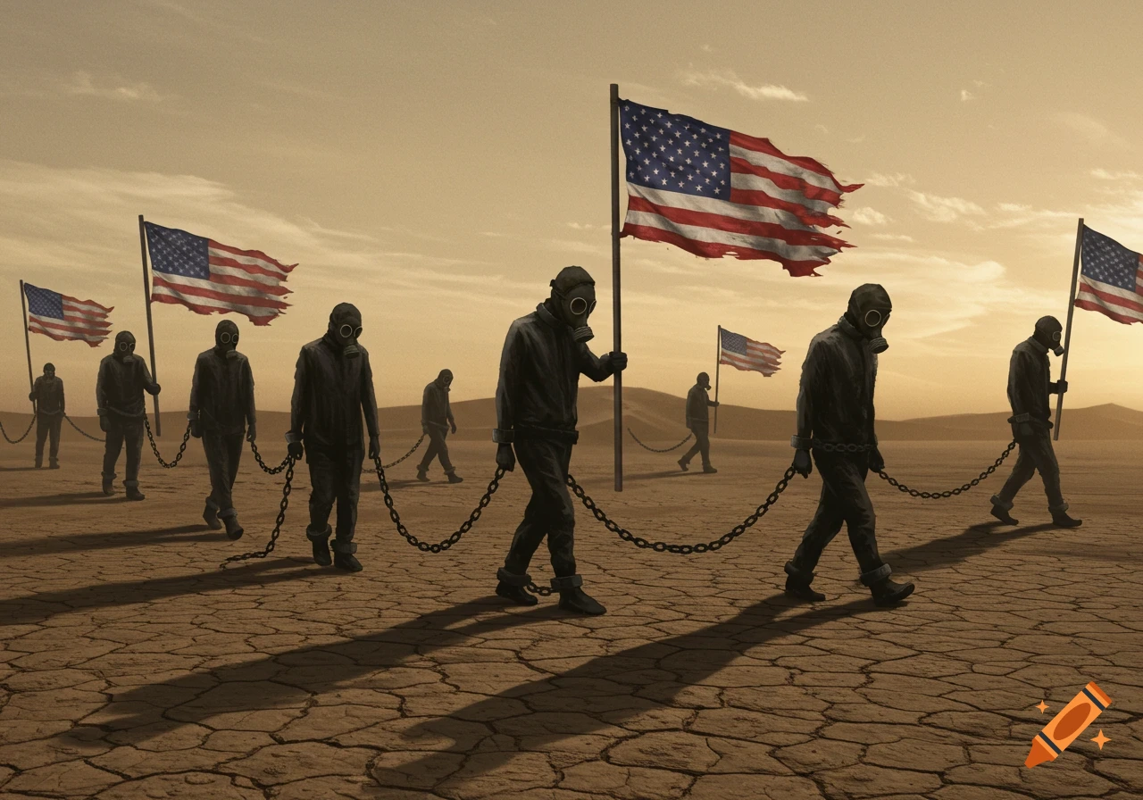 People in gas masks and chains walk across a cracked desert, holding tattered US flags. The scene is somber and dystopian.