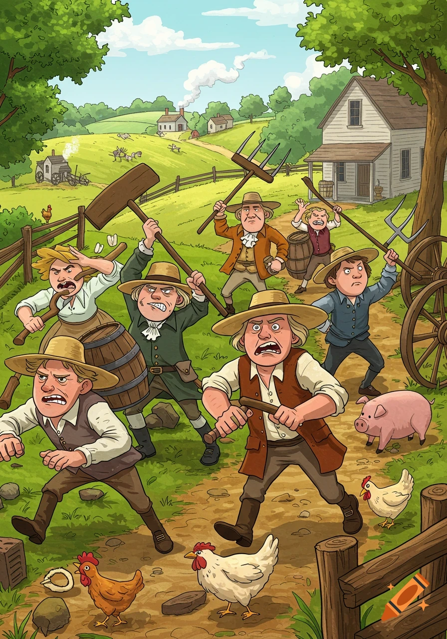 Cartoon of angry historical farmers with pitchforks and mallets marching on a dirt path, with a farmhouse and animals in a rural setting.