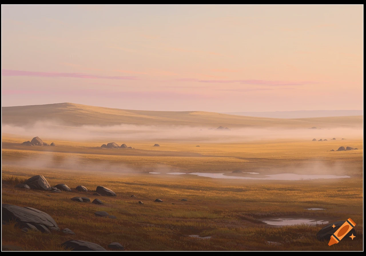 A serene painting of a misty, golden grassland landscape with rolling hills, scattered rocks, and puddles under a soft, gradient sky.