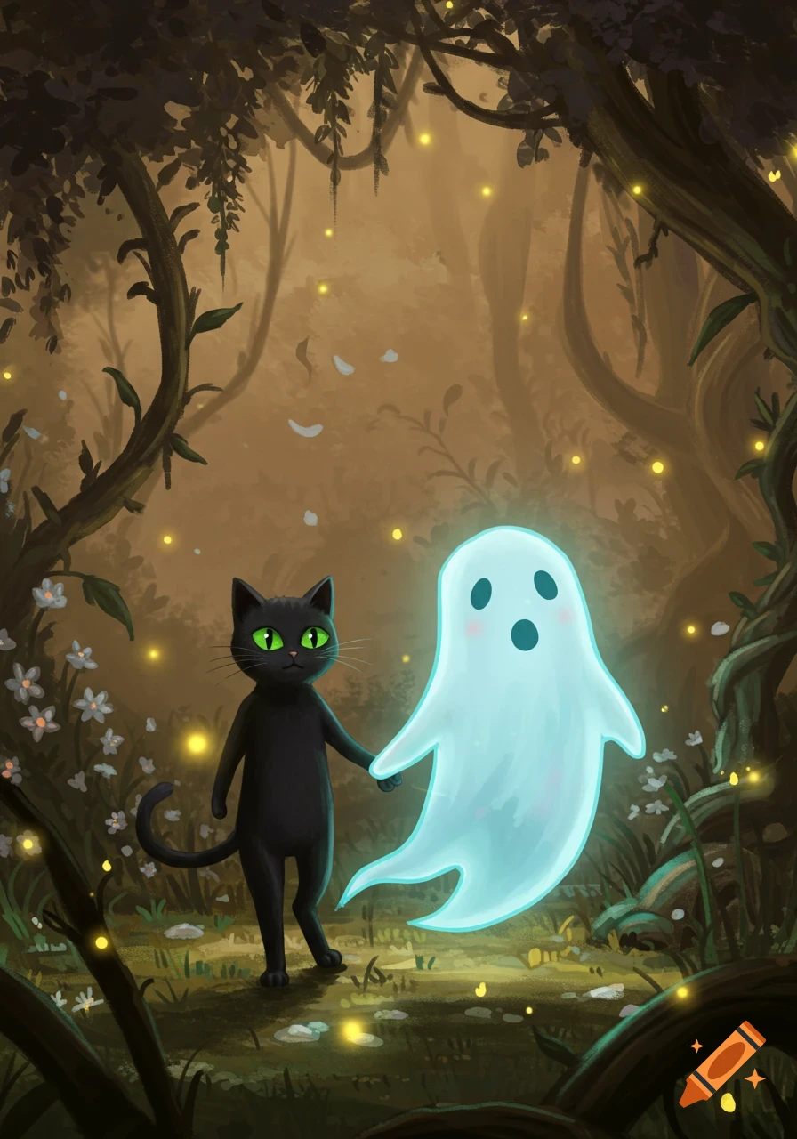 Whimsical illustration of a black cat and a glowing white ghost holding hands in a dark, magical forest with fireflies.