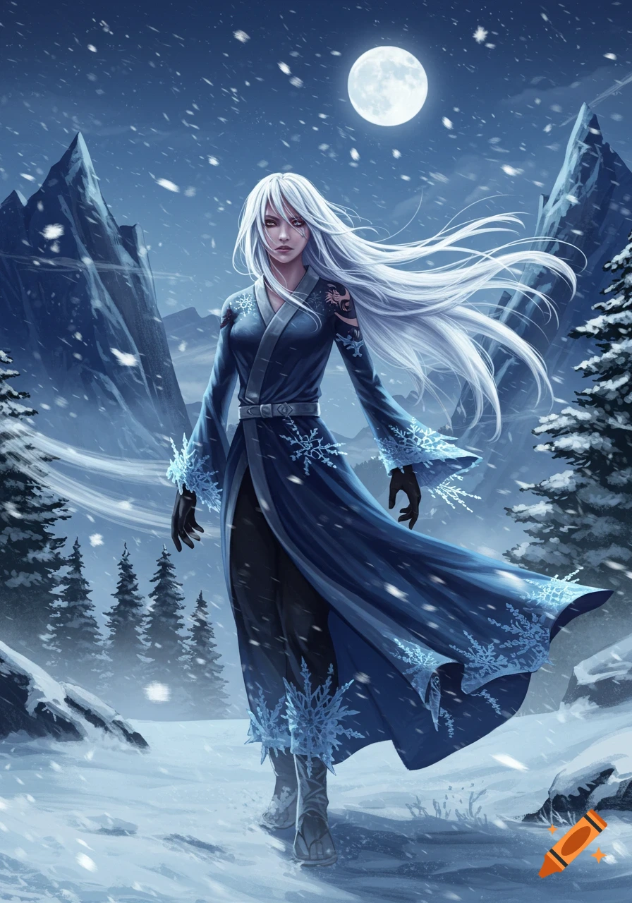 An anime-style woman with long white hair in a blue coat walks through a snowy mountain landscape under a full moon.
