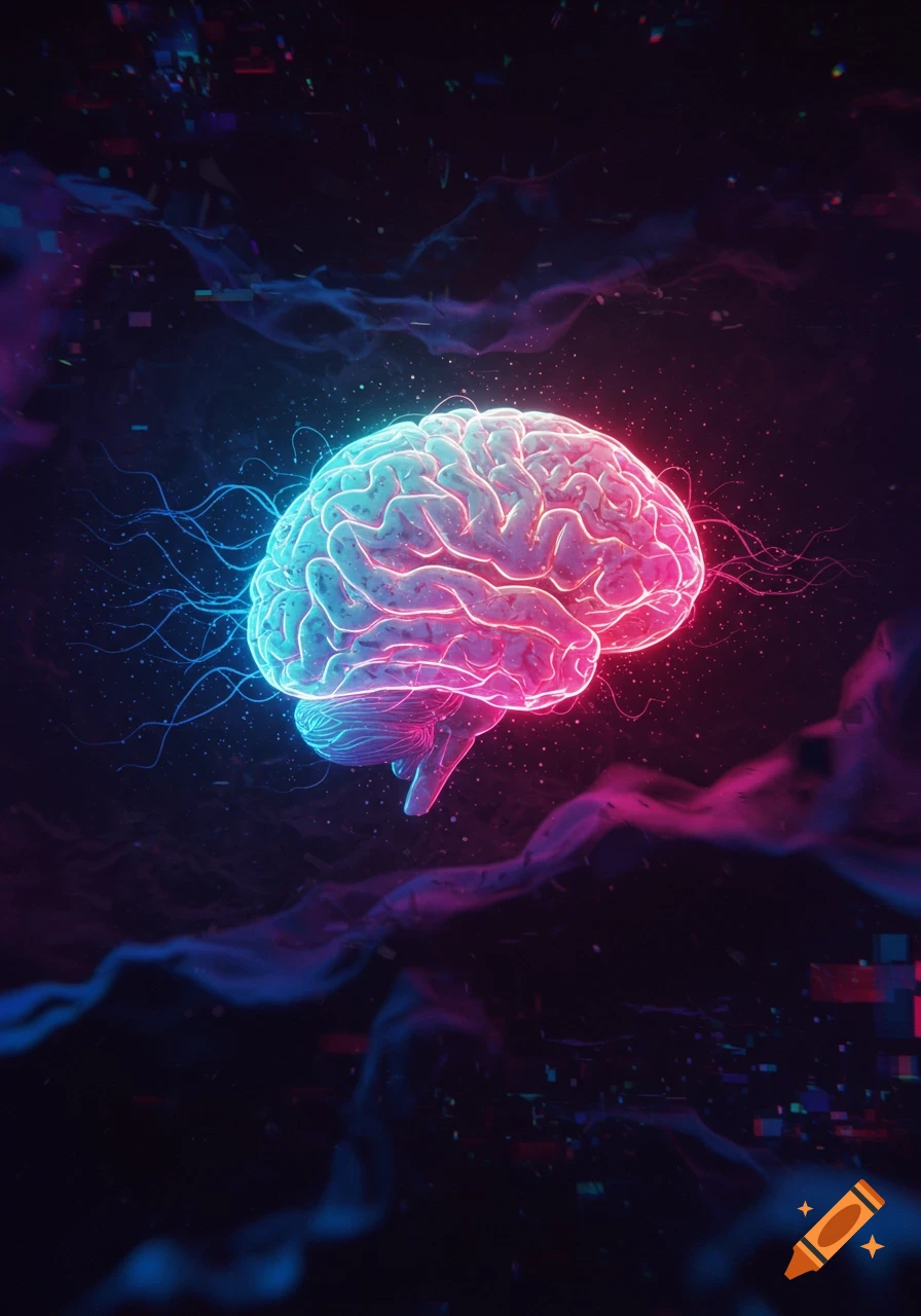 A vibrant neon blue and pink brain glows in a dark, abstract digital space filled with energy and subtle pixelation.