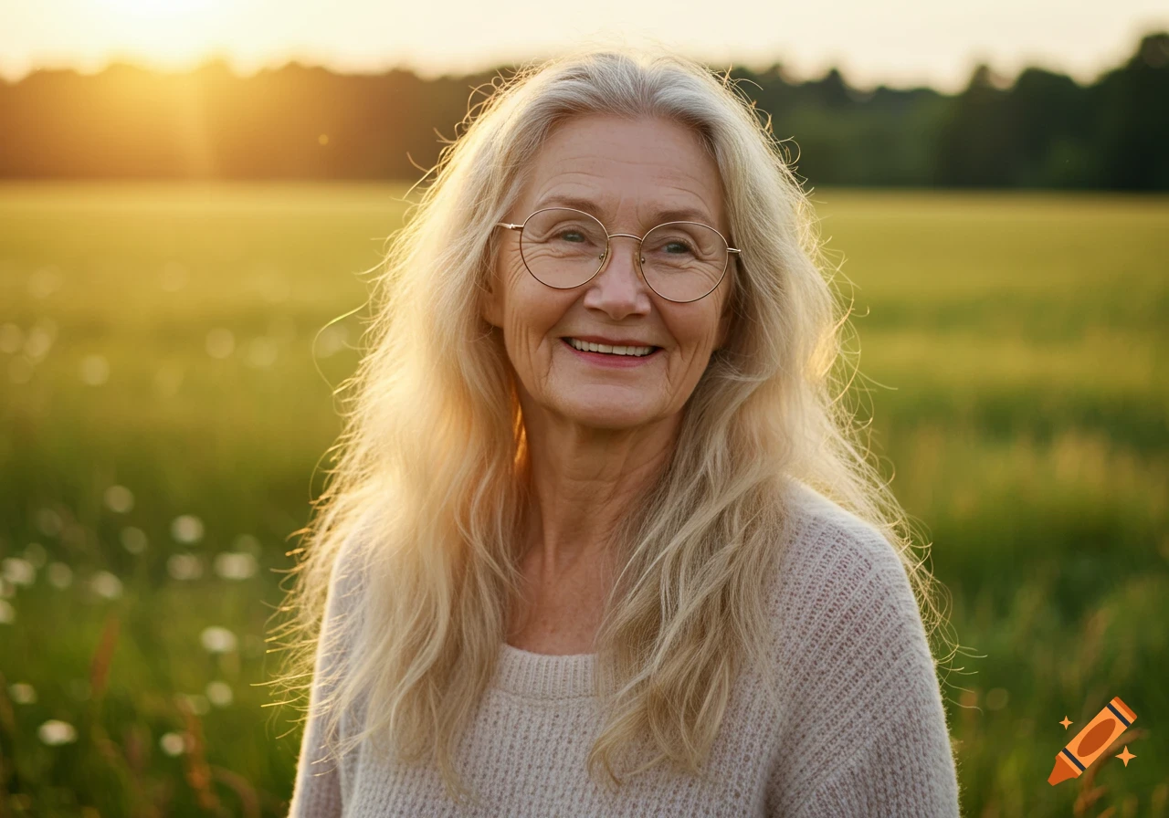 A smiling older woman with long blonde and gray hair and round glasses stands in a sunlit field at sunset.