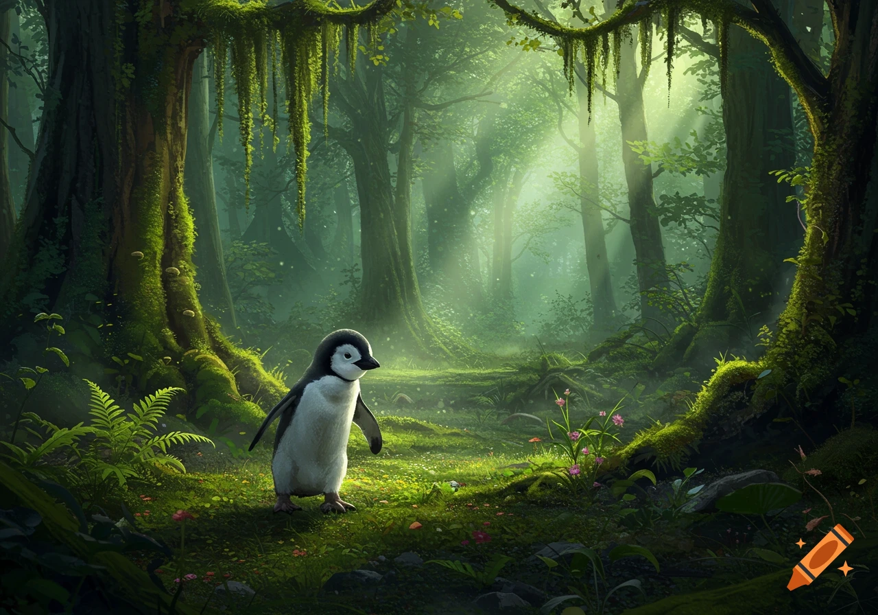 A cute penguin stands in a lush, mossy forest with rays of light filtering through the trees.