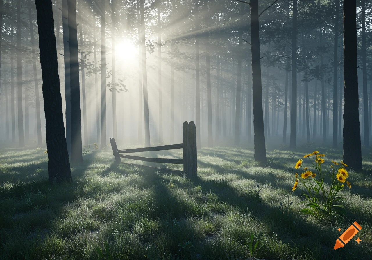 Sunbeams cut through a misty pine forest, illuminating a leaning wooden fence and a cluster of vibrant yellow flowers on the dewy grass.