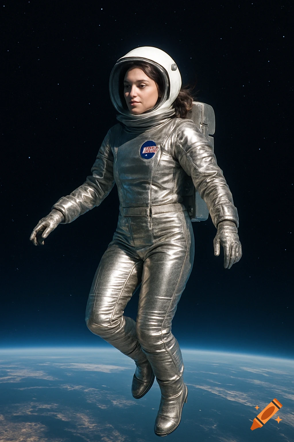 A photorealistic image of a female astronaut in a shiny silver spacesuit and white helmet floating above Earth in space.