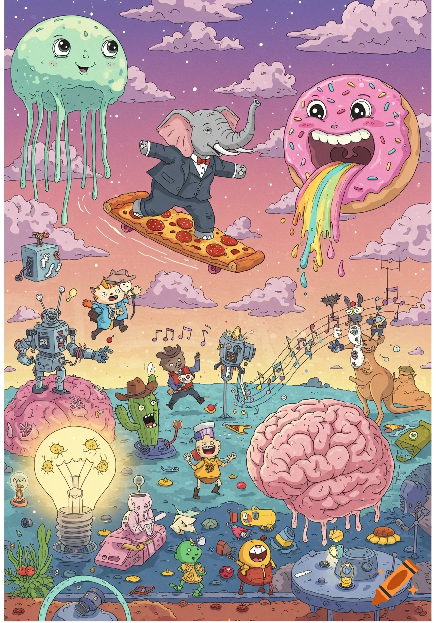 A whimsical cartoon depicts an elephant on a pizza skateboard, a donut spitting rainbows, robots, a brain, a lightbulb with cats, a cactus, and various creatures in a vibrant, fantastical landscape.