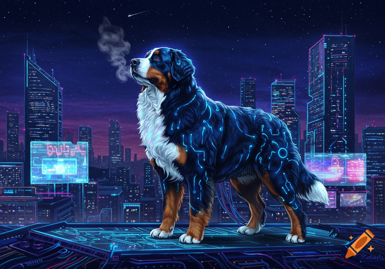 A Bernese Mountain Dog with glowing blue circuits on its fur stands on a futuristic platform overlooking a cyberpunk city at night.