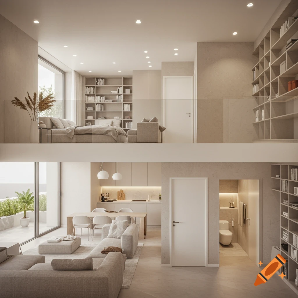 A modern, minimalist two-story apartment interior with a living room, kitchen, dining area, and bathroom downstairs, and a bedroom and library upstairs.