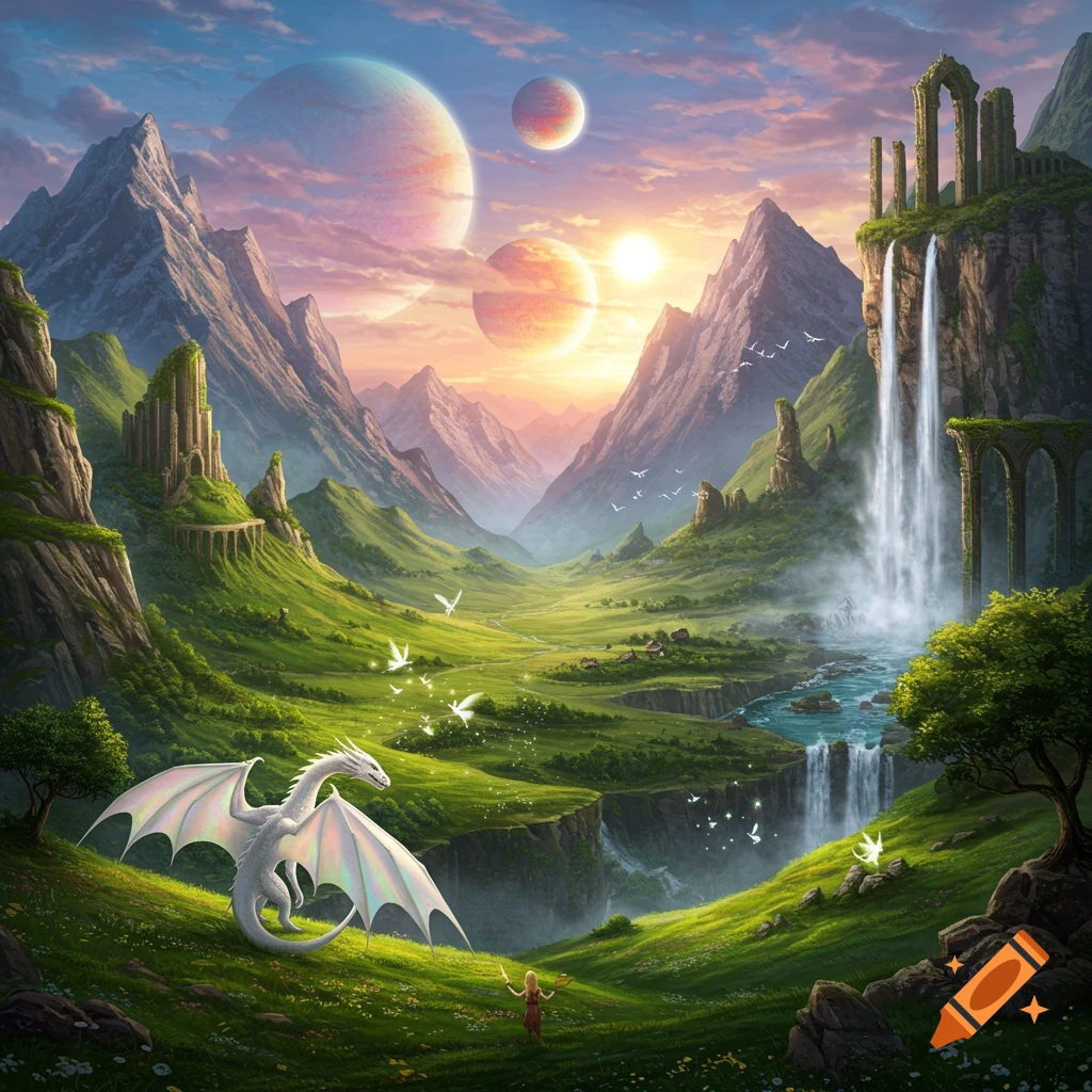 A vibrant fantasy landscape with a white dragon, a small person, mountains, waterfalls, and multiple colorful planets in the sky at sunset.