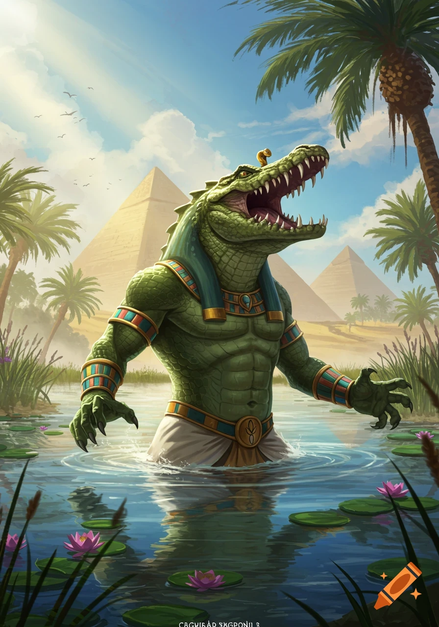 Egyptian crocodile god Sobek in a river with water lilies, palm trees, and pyramids, in a vibrant fantasy illustration.