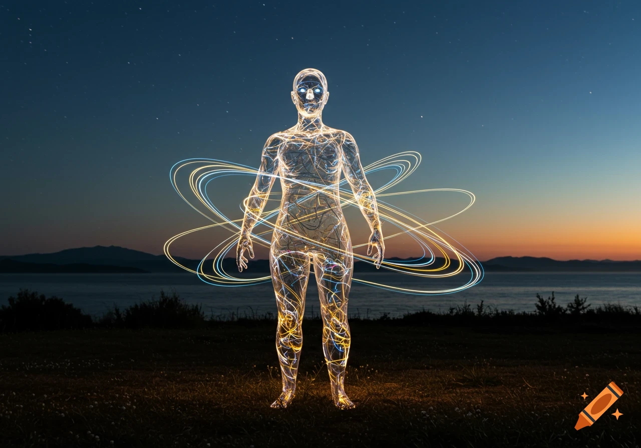 Ethereal figure of flowing silver, blue, and gold light, surrounded by glowing threads, stands in a starry twilight landscape.