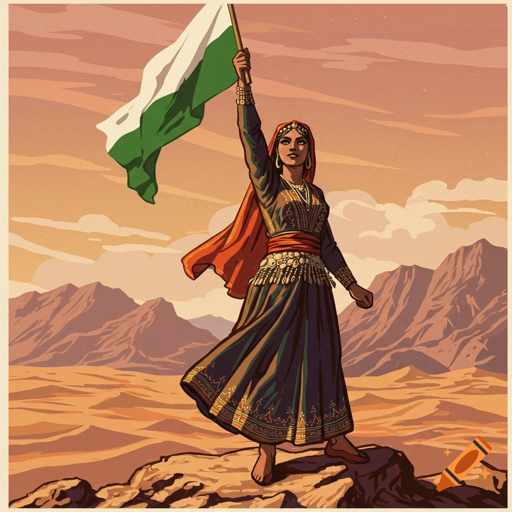 Woman in traditional Balochistan attire holding a flag on a rocky desert outcrop, in 1920s nationalist poster art style.