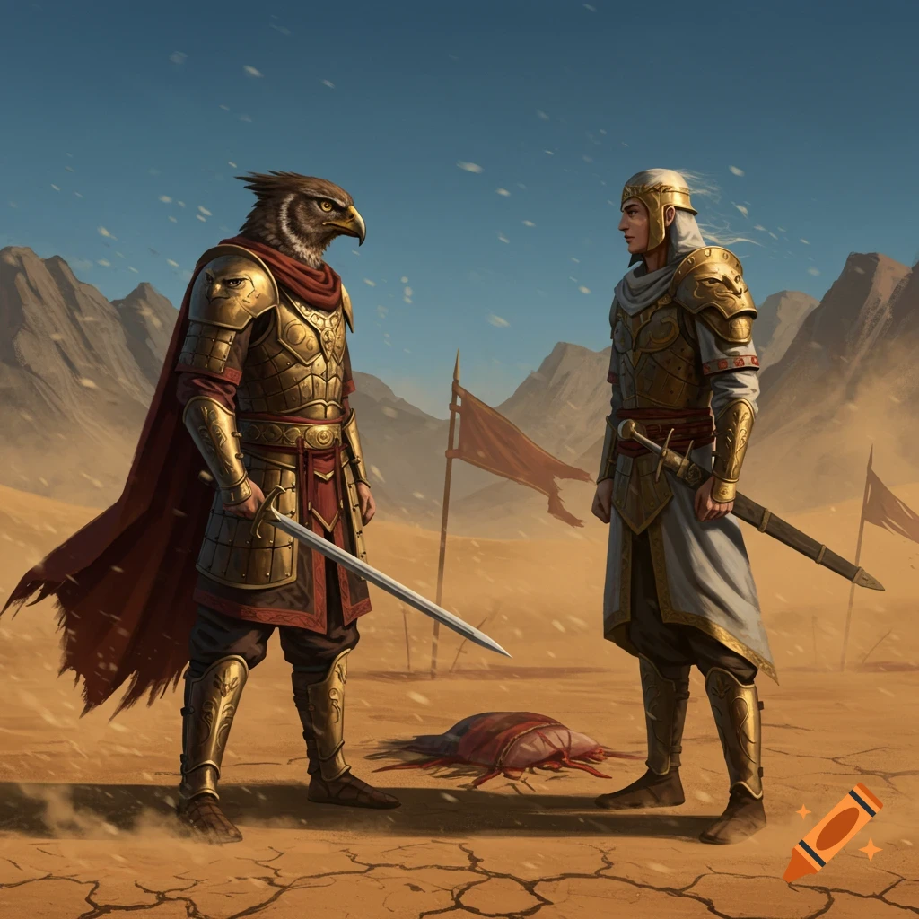 An eagle-headed warrior and a human warrior in golden armor face each other in a vast desert with mountains and flags, a defeated creature between them.