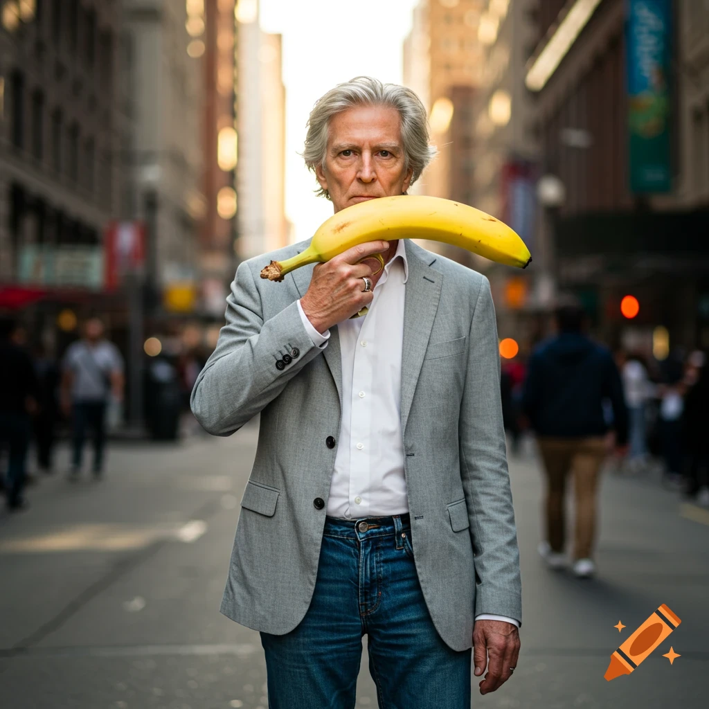Photorealistic portrait of an older man holding a banana like a gun on a city street.