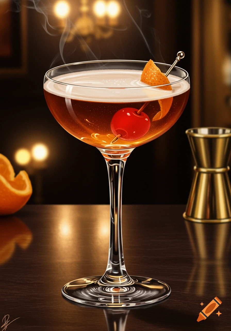 A photorealistic Manhattan cocktail with a cherry and orange peel garnish, emitting subtle smoke, on a dark wooden bar with reflections.