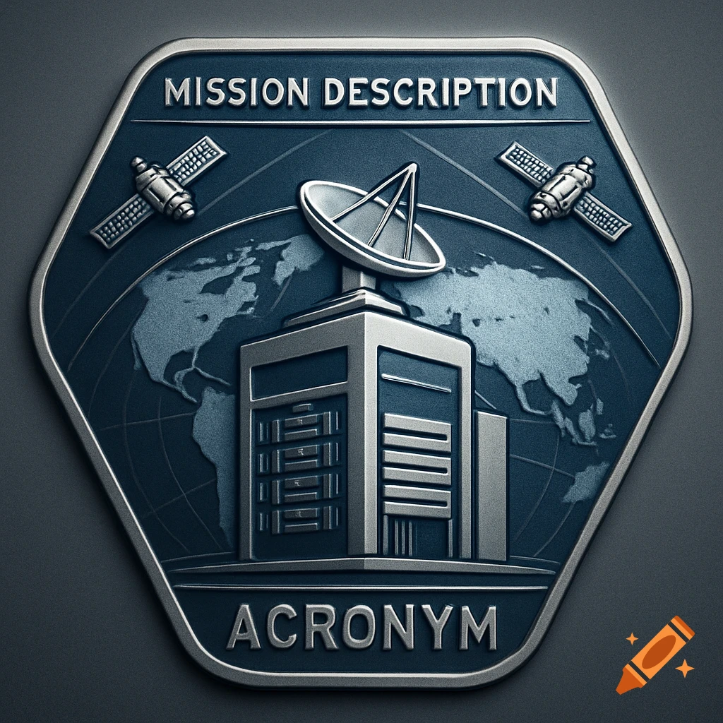 A metallic hexagonal mission patch featuring a building with a satellite dish, two satellites, and a world map, with text 'MISSION DESCRIPTION' and 'ACRONYM'.