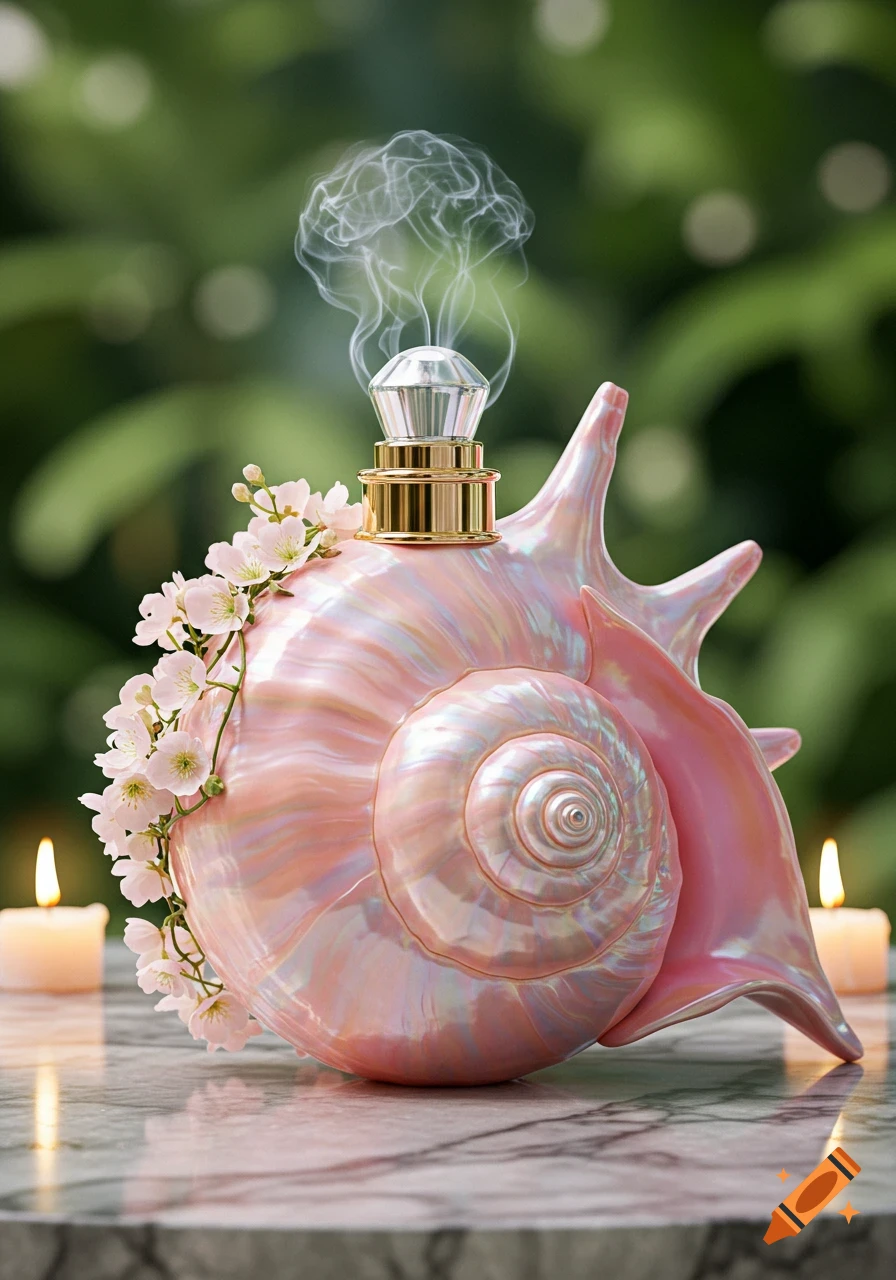 A pearlescent pink conch shell perfume bottle adorned with white flowers, emitting smoke, flanked by lit candles, on a marble surface with a green bokeh background.