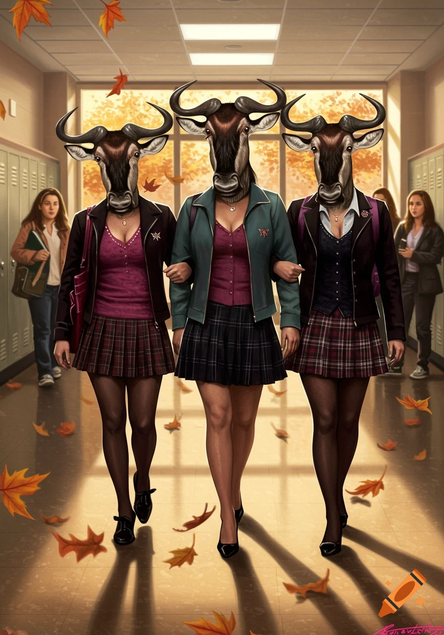 Three wildebeest-headed girls in school uniforms walk arm-in-arm down a sunlit hallway with autumn leaves on the floor.
